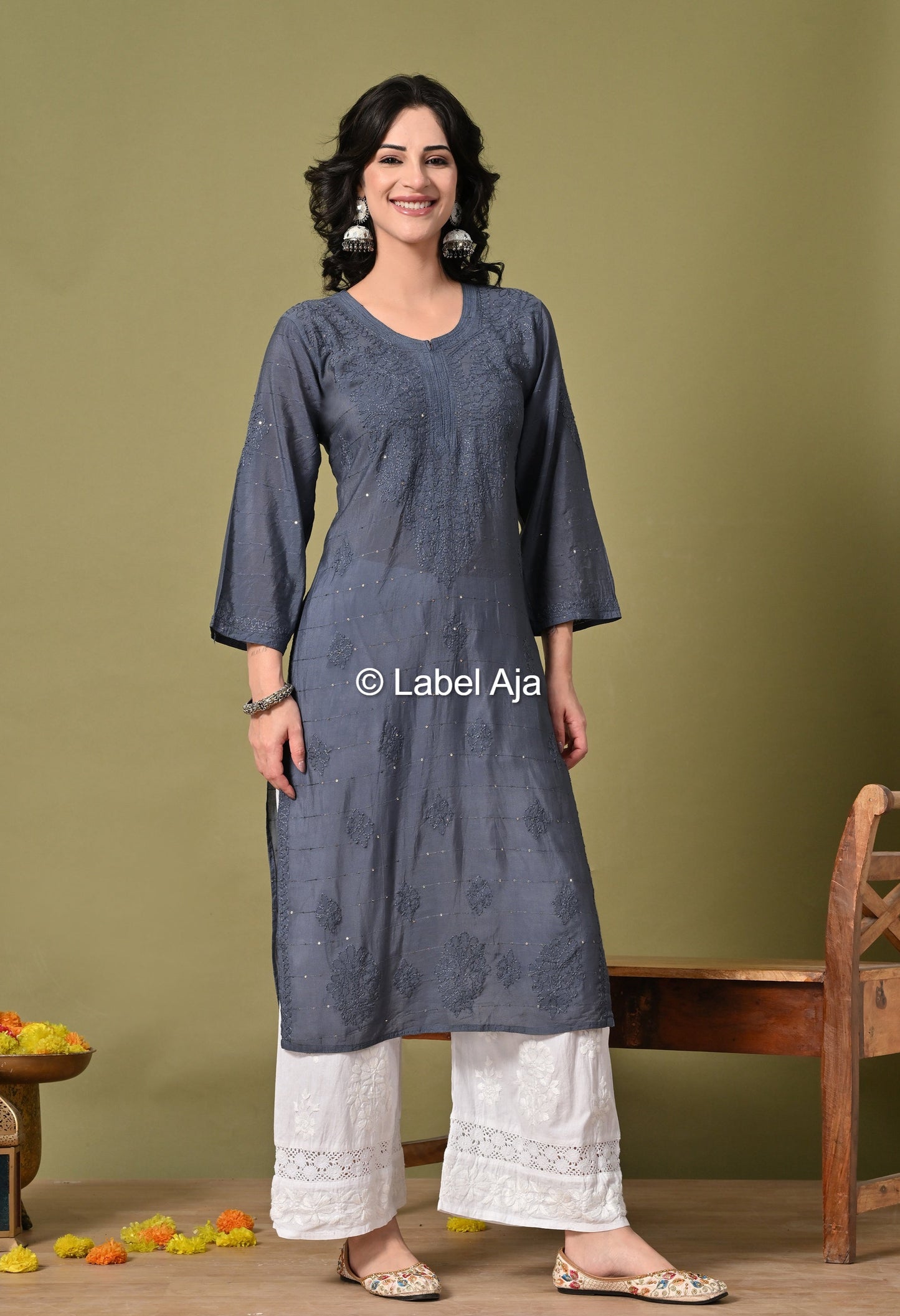 Jhilmil Chanderi silk Chikankari kurti in Sequence and bakhiya work