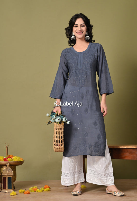 Jhilmil Chanderi silk Chikankari kurti in Sequence and bakhiya work