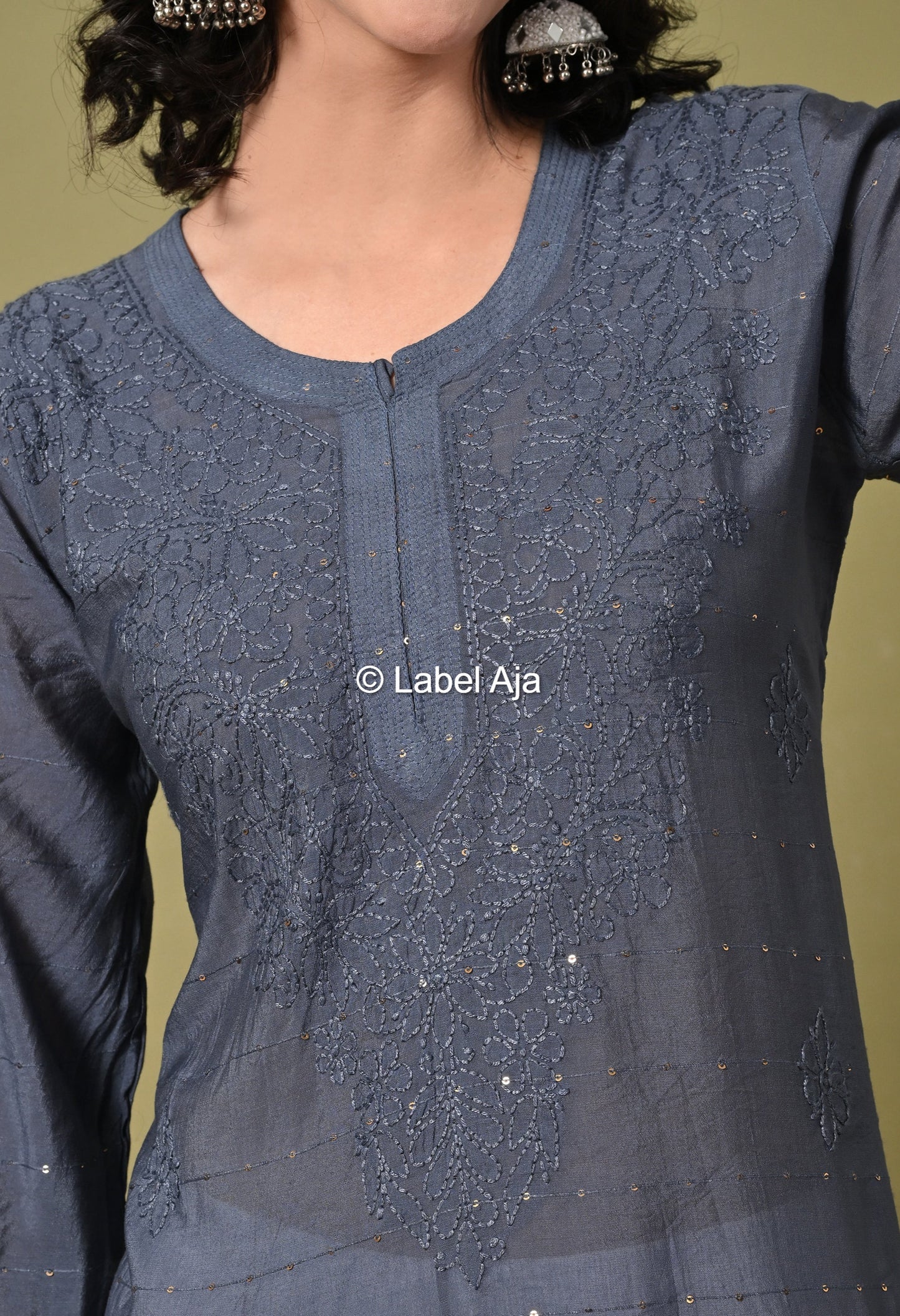 Jhilmil Chanderi silk Chikankari kurti in Sequence and bakhiya work