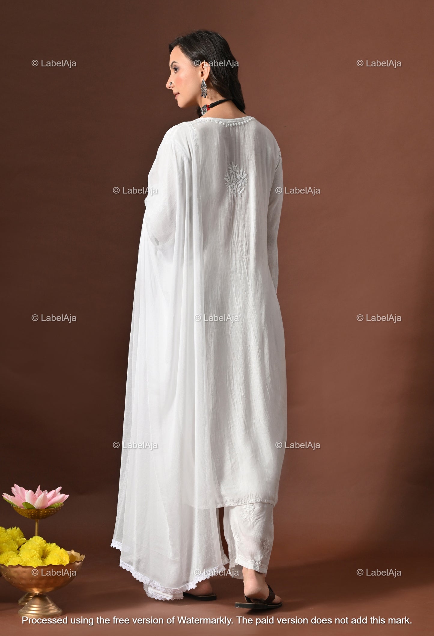 Lyla muslin chikanakri kurti, palazzo and dupatta set