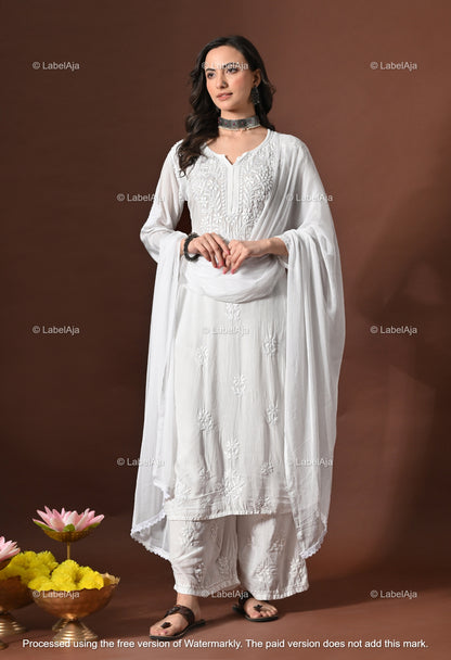 Lyla muslin chikanakri kurti, palazzo and dupatta set