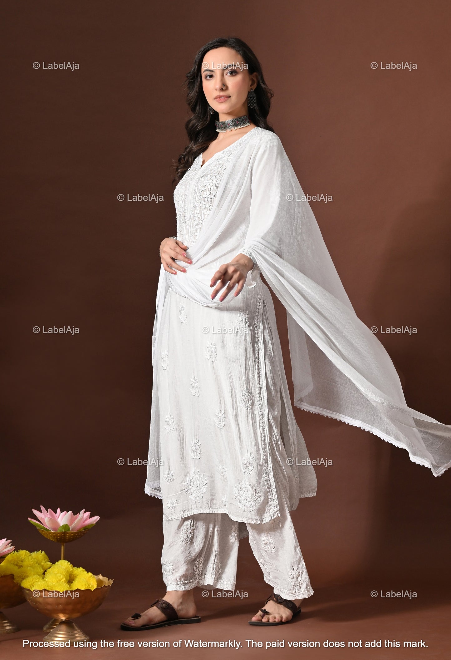Lyla muslin chikanakri kurti, palazzo and dupatta set