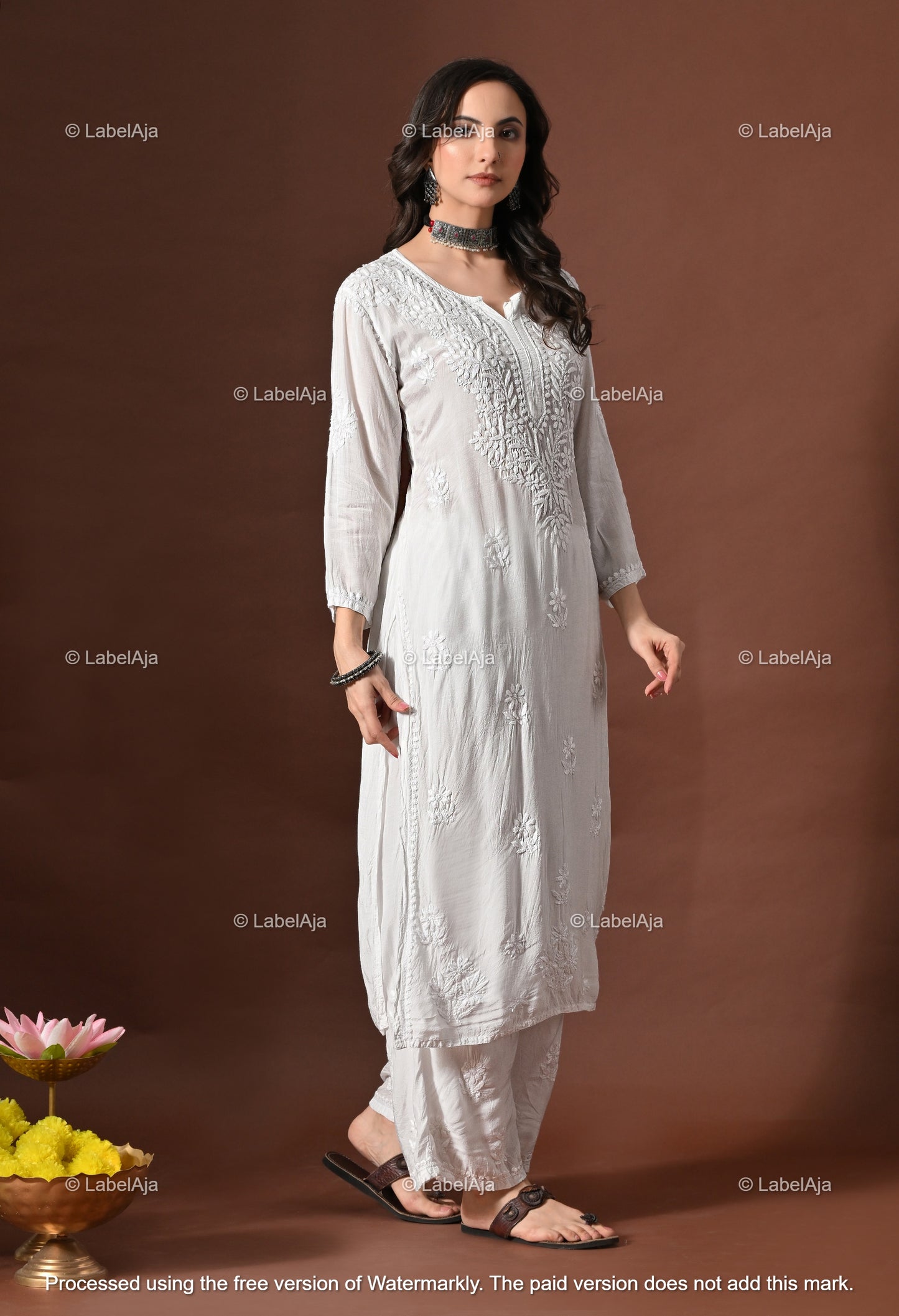 Lyla muslin chikanakri kurti, palazzo and dupatta set
