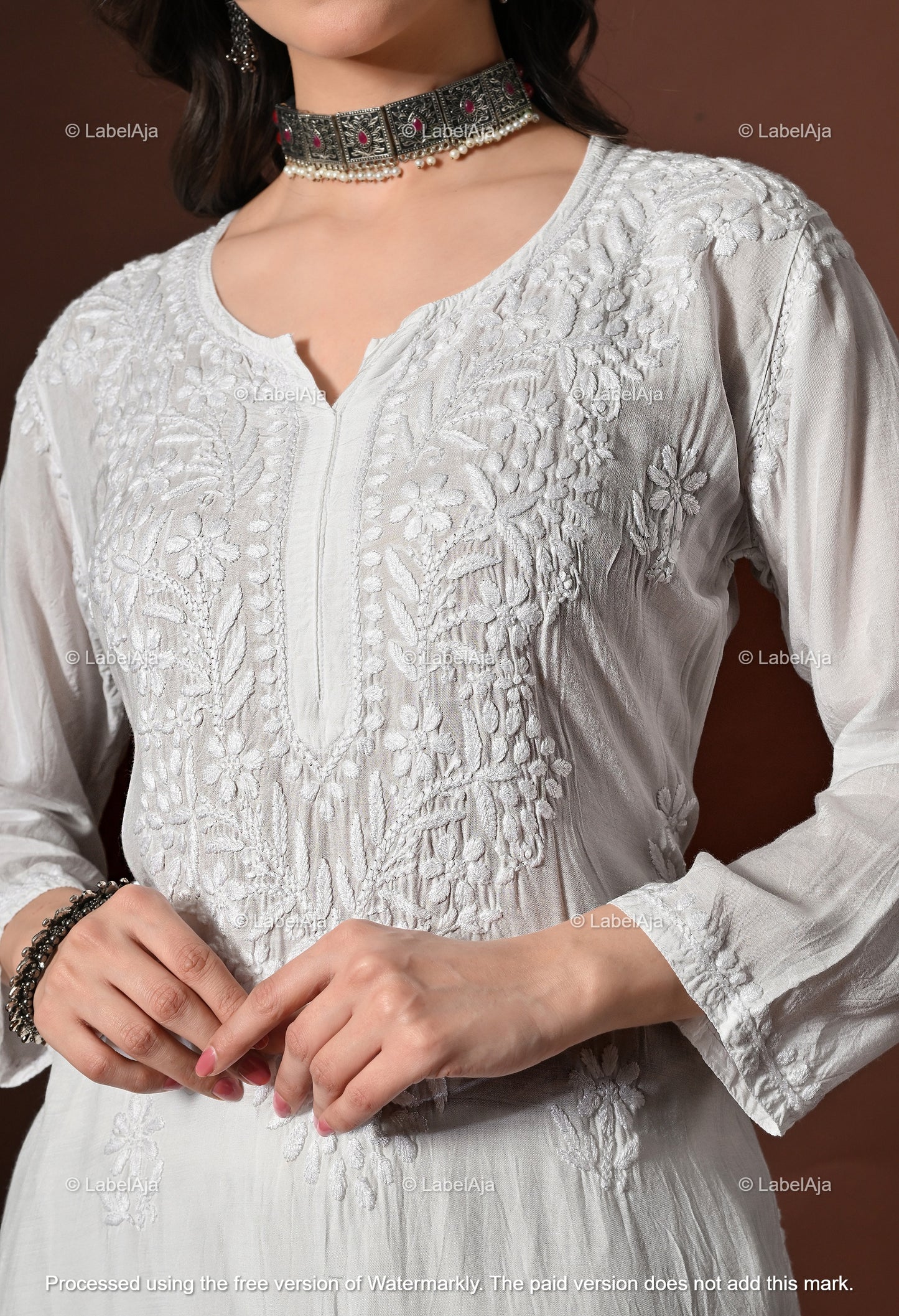 Lyla muslin chikanakri kurti, palazzo and dupatta set