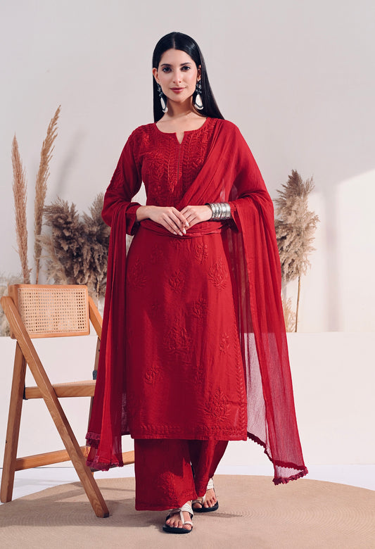 Zaina Chanderi Silk Kurti, Palazzo and dupatta set