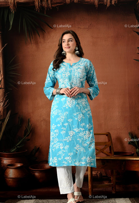 Pankhuri mulmul long chikankari kurti