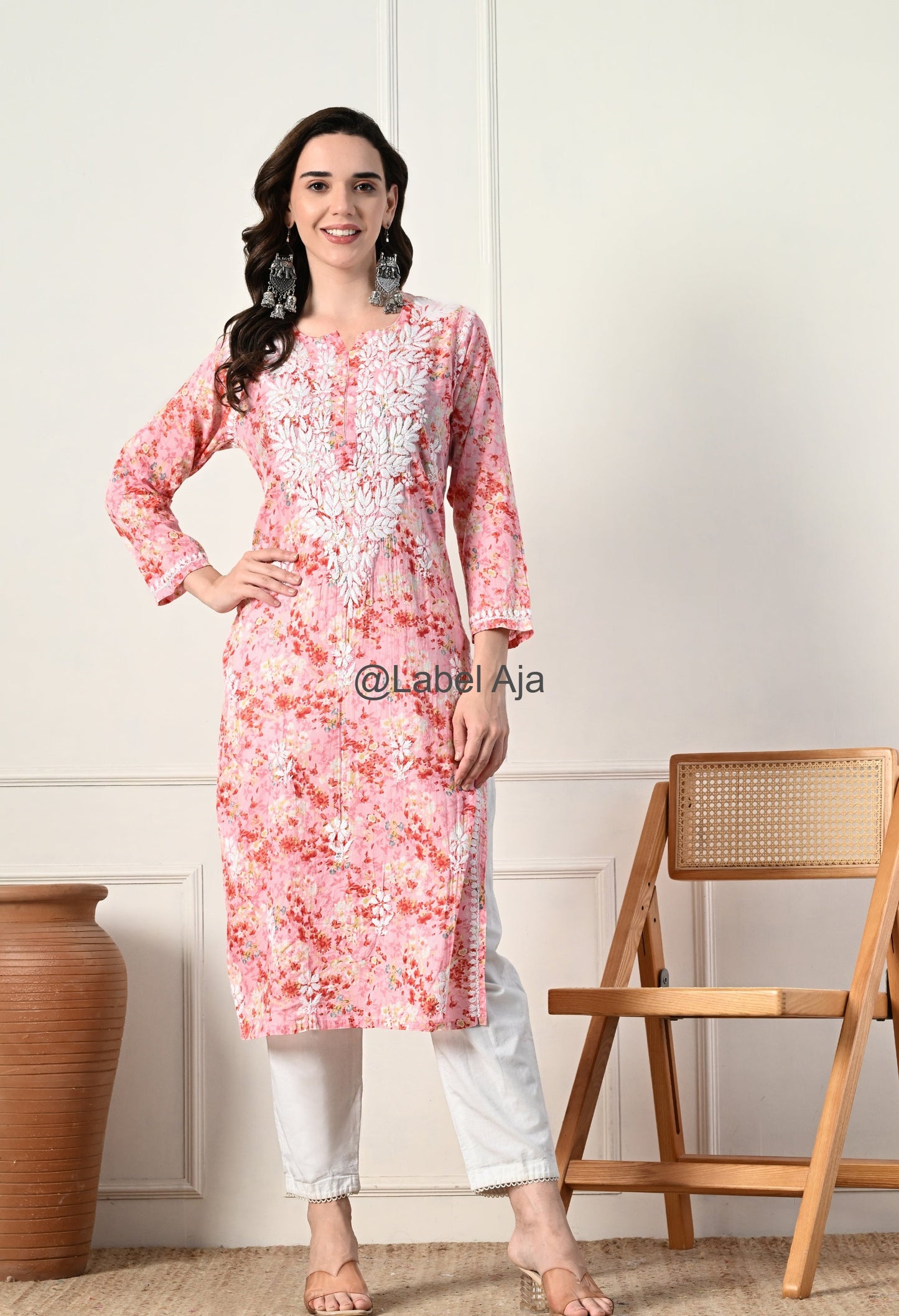 Gulmohar Mulmul long chikankari kurti