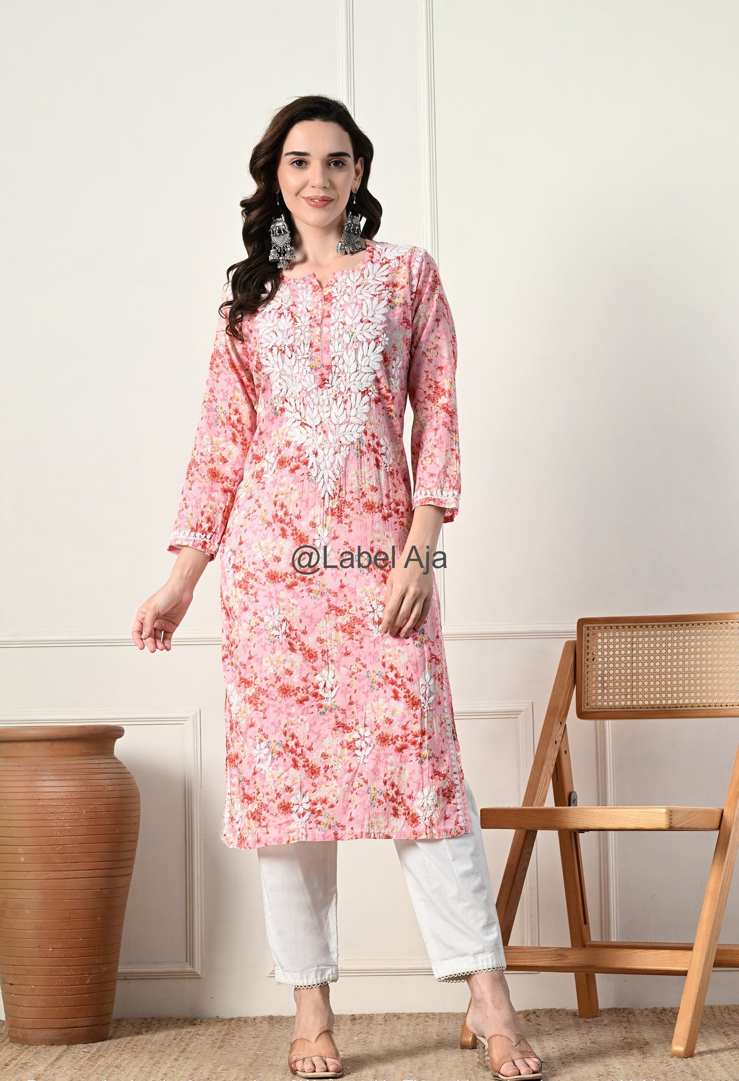 Gulmohar Mulmul long chikankari kurti