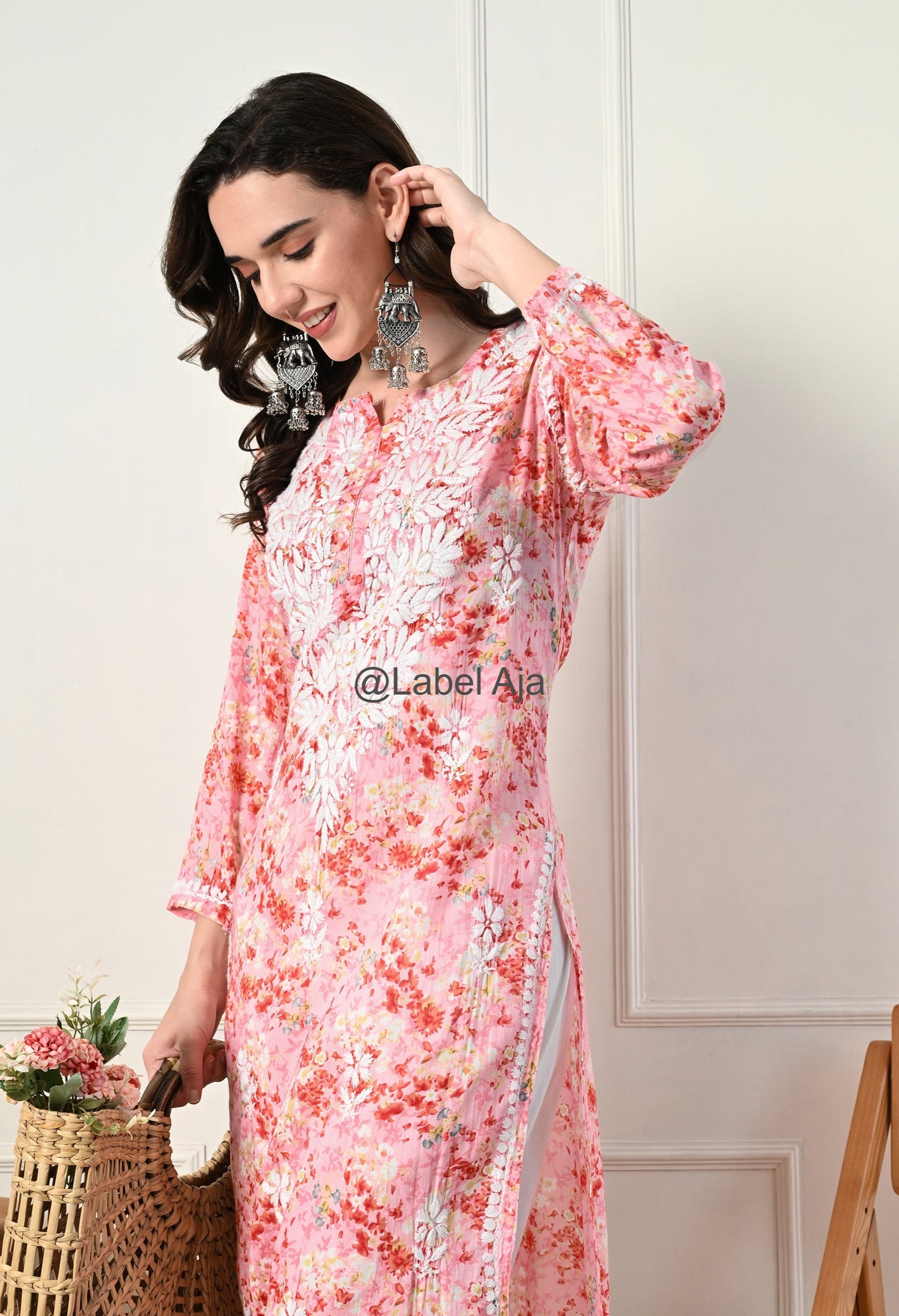 Gulmohar Mulmul long chikankari kurti