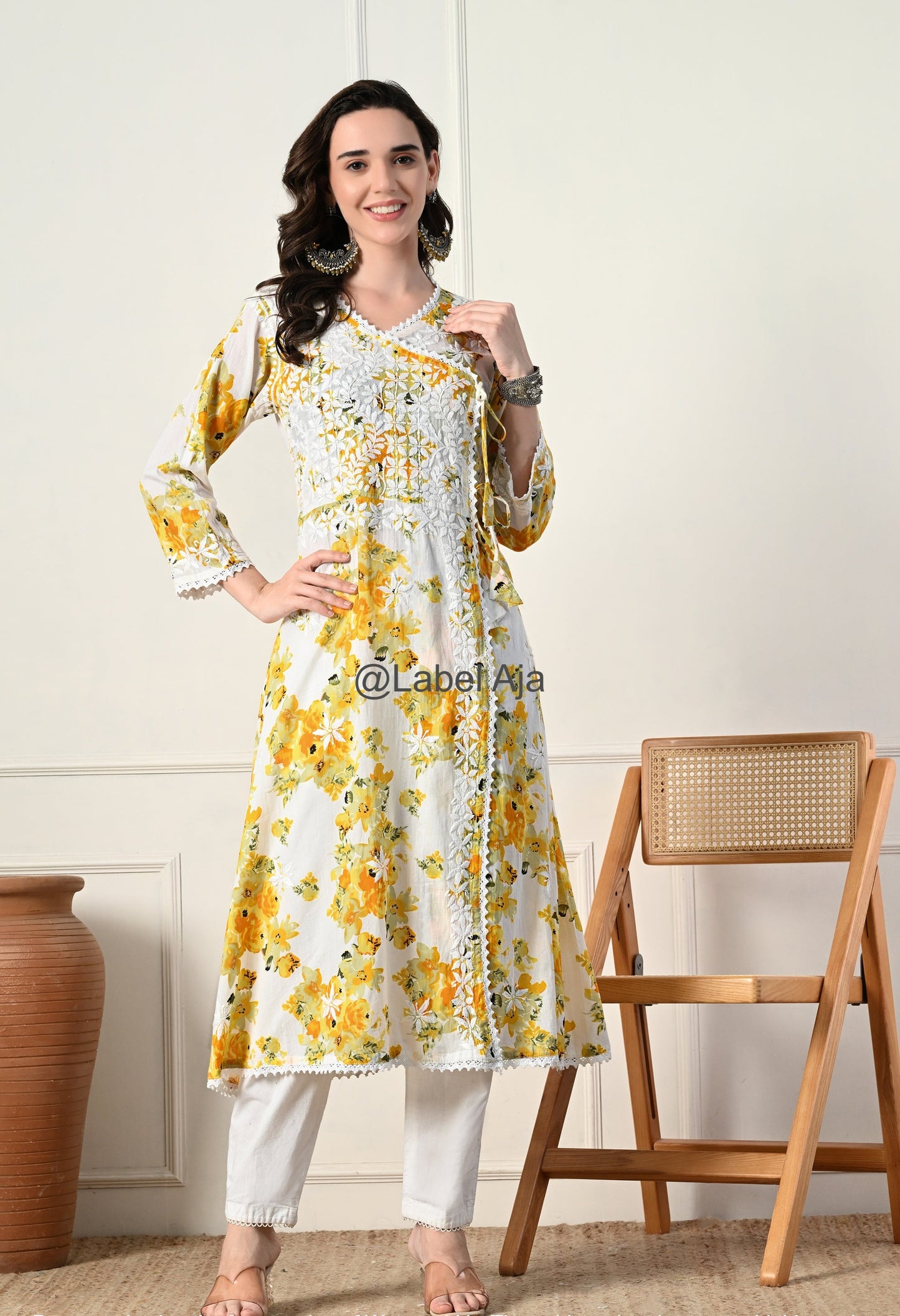 Gul mulmul long Angarkha chikankari kurti