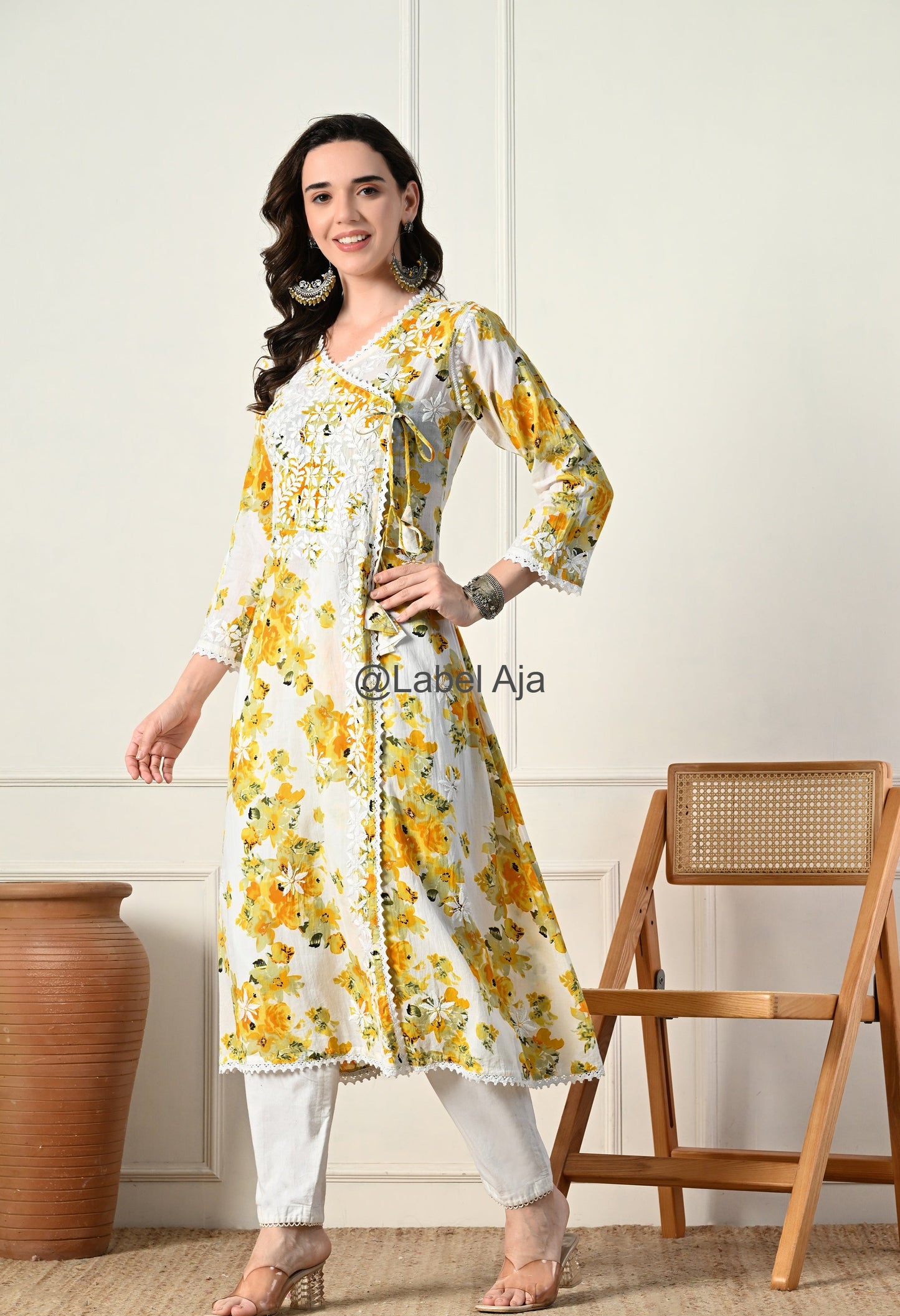 Gul mulmul long Angarkha chikankari kurti