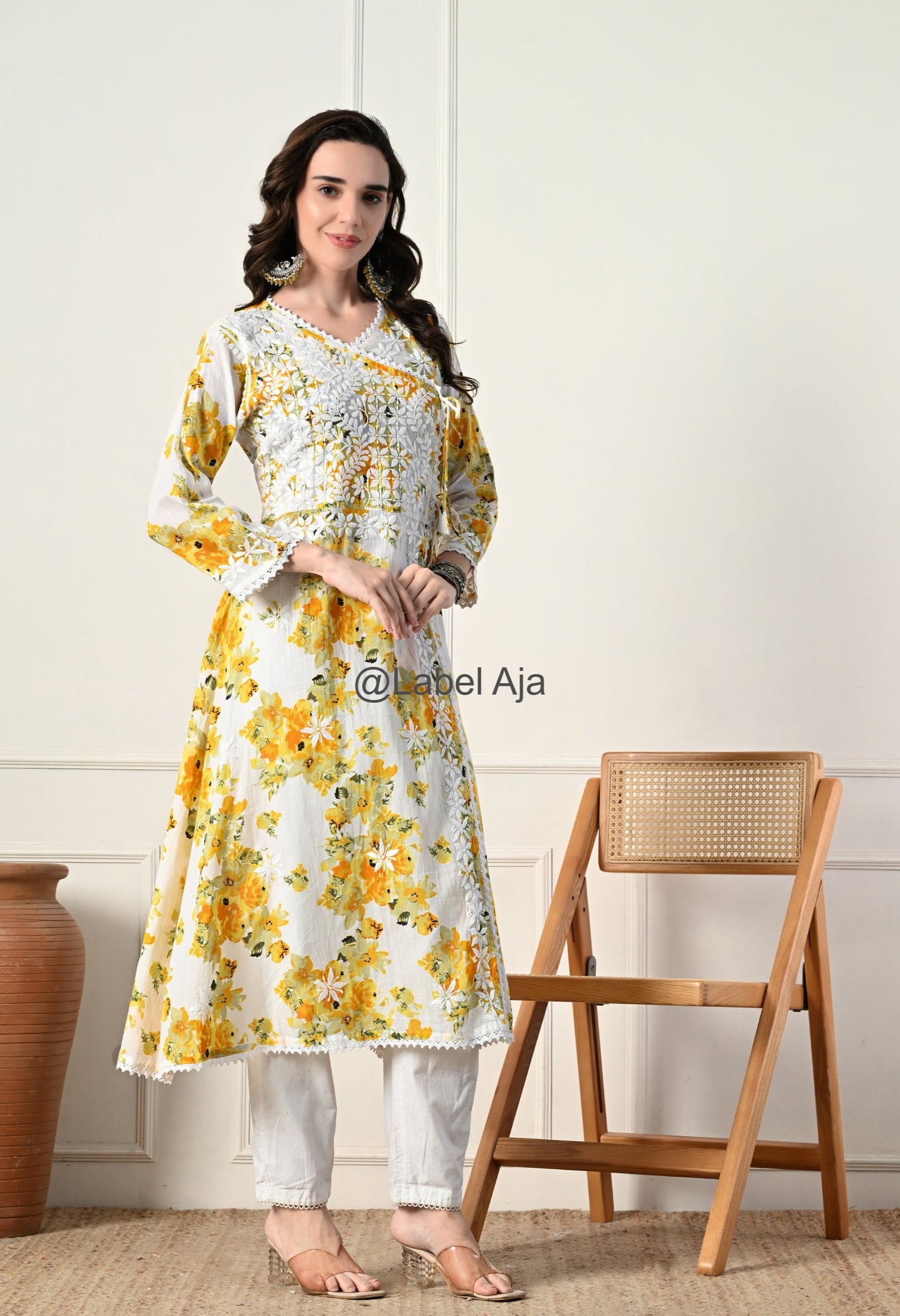 Gul mulmul long Angarkha chikankari kurti