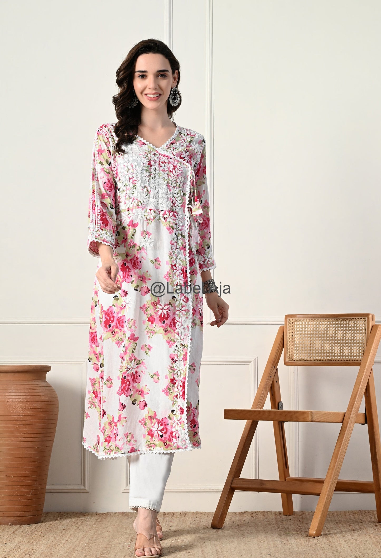 Gul mulmul long Angarkha chikankari kurti