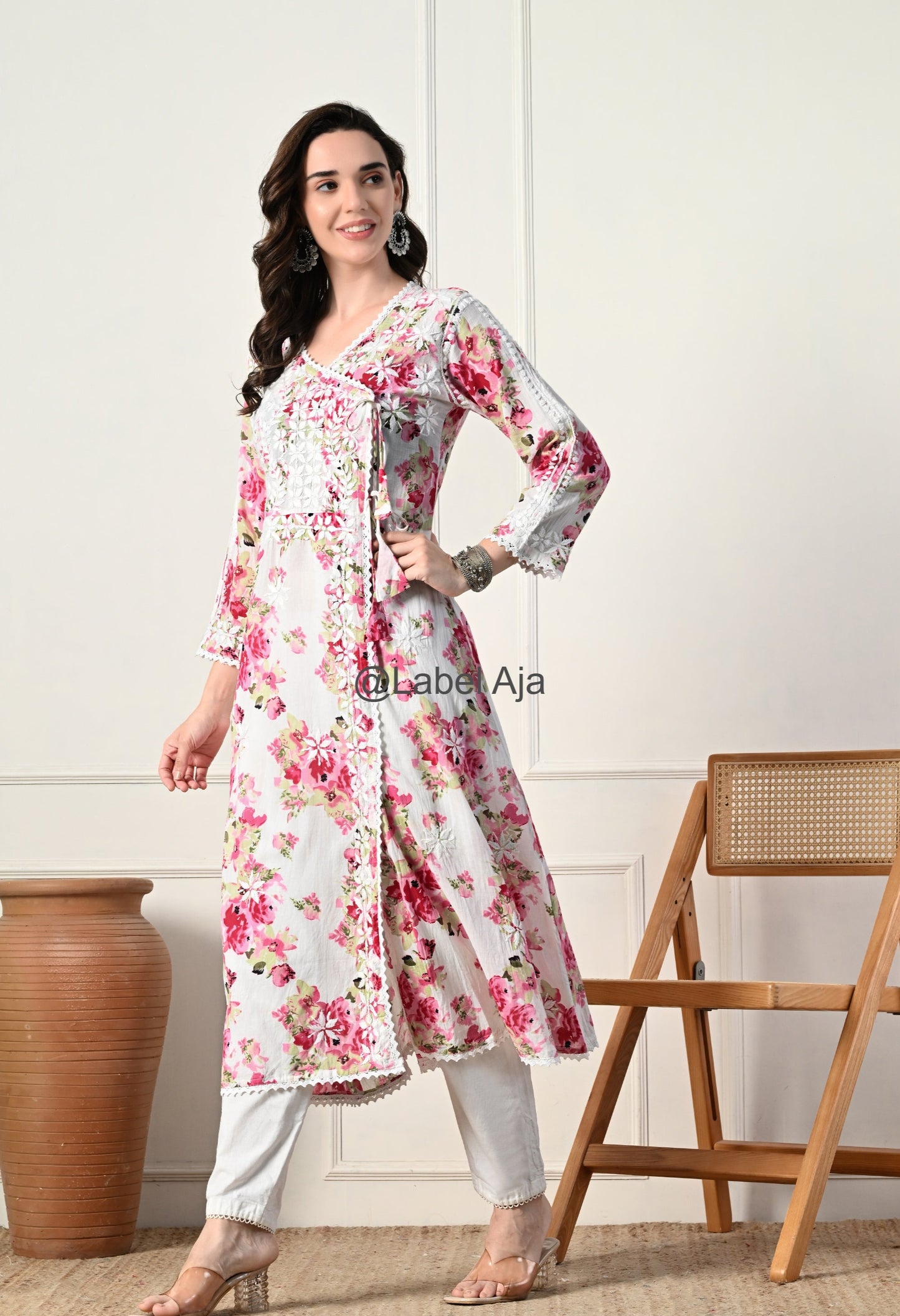 Gul mulmul long Angarkha chikankari kurti