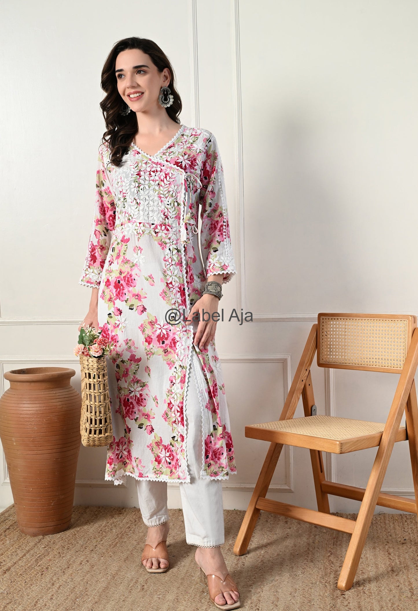 Gul mulmul long Angarkha chikankari kurti