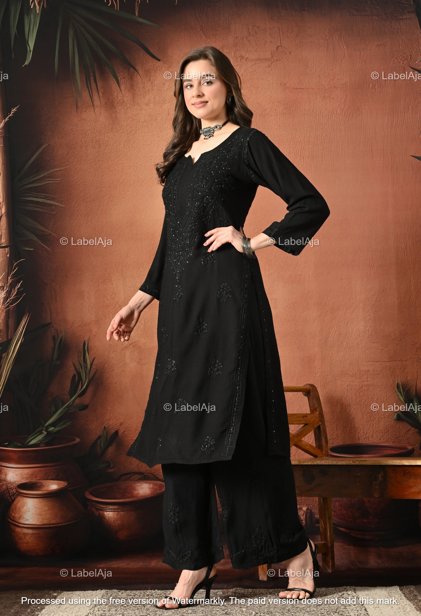 Rayon Black long chikankari kurti with Mukaish work