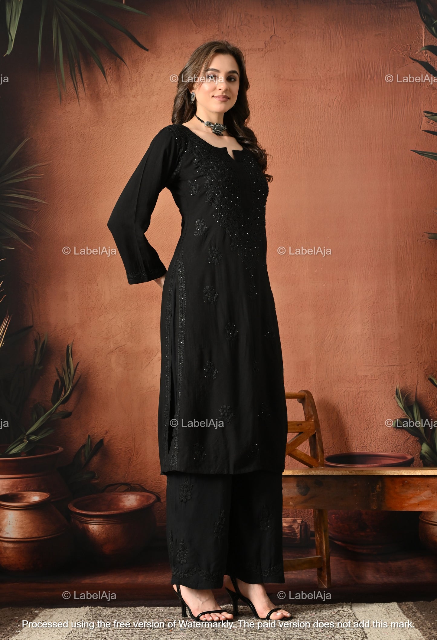 Rayon Black long chikankari kurti with Mukaish work