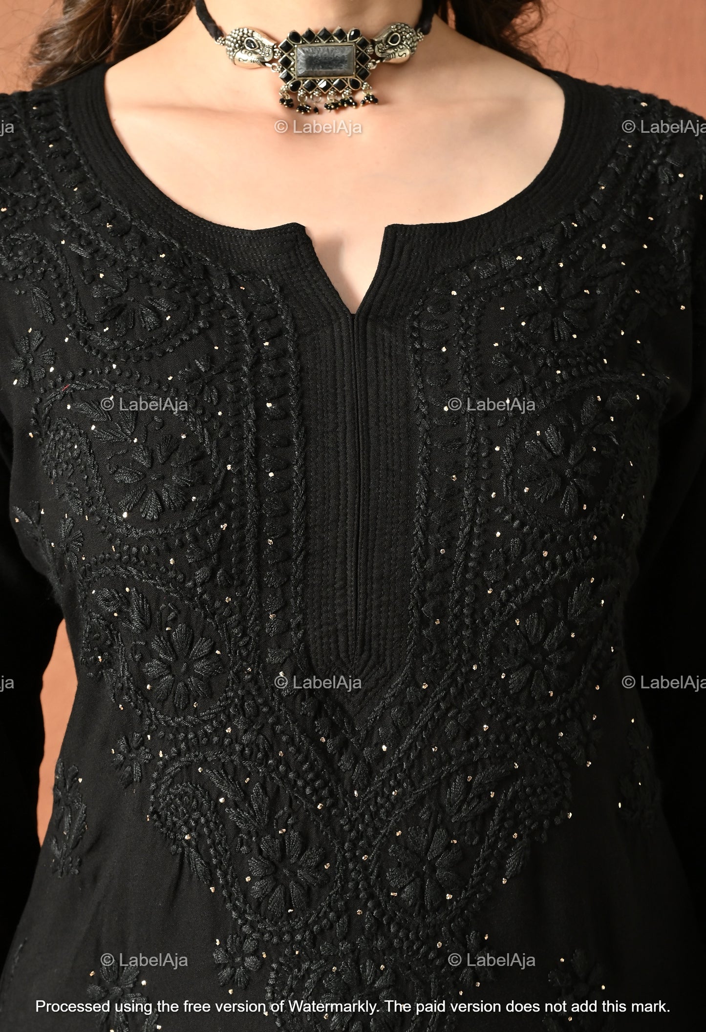 Rayon Black long chikankari kurti with Mukaish work