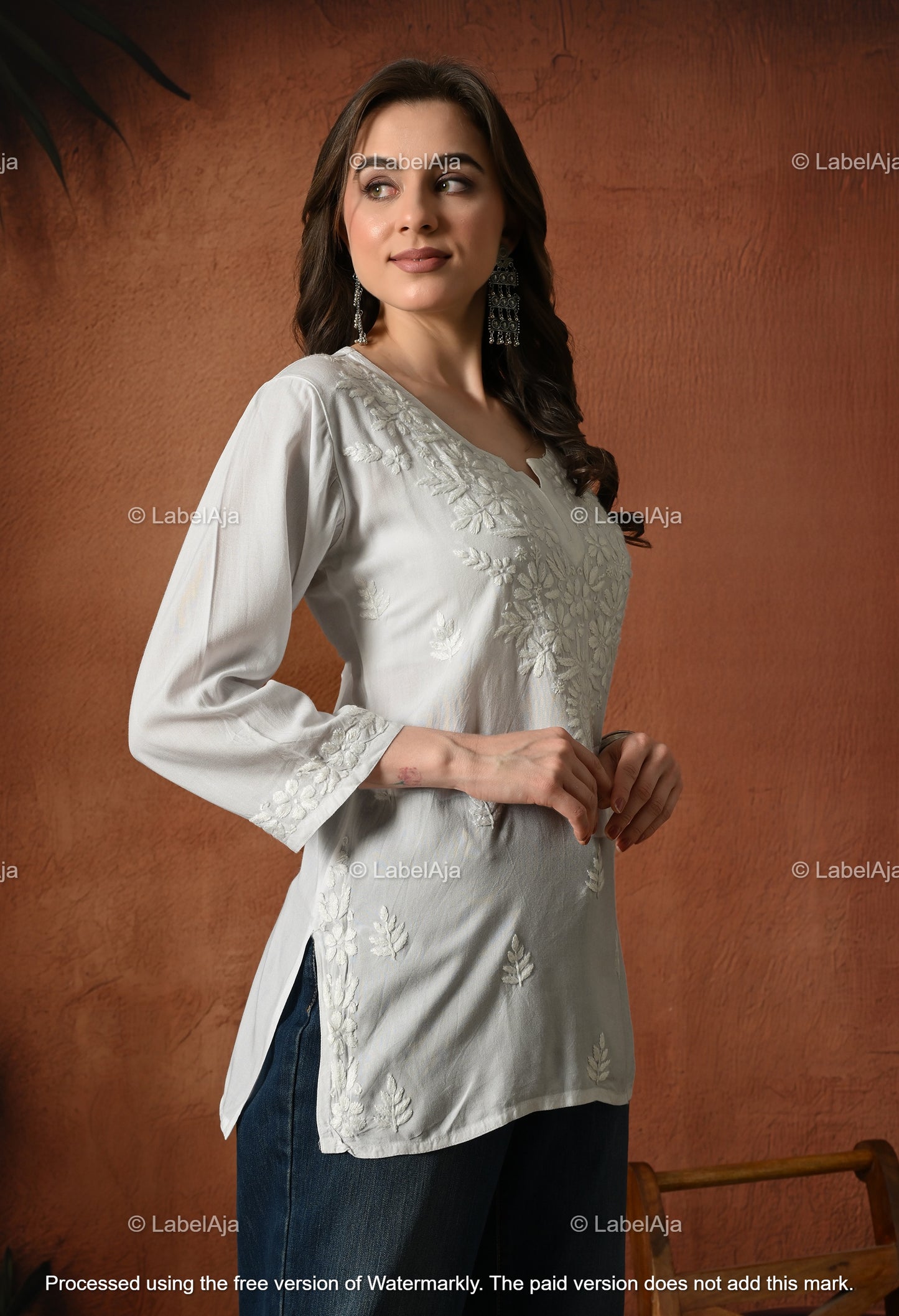 Mira white short rayon chikankari kurti