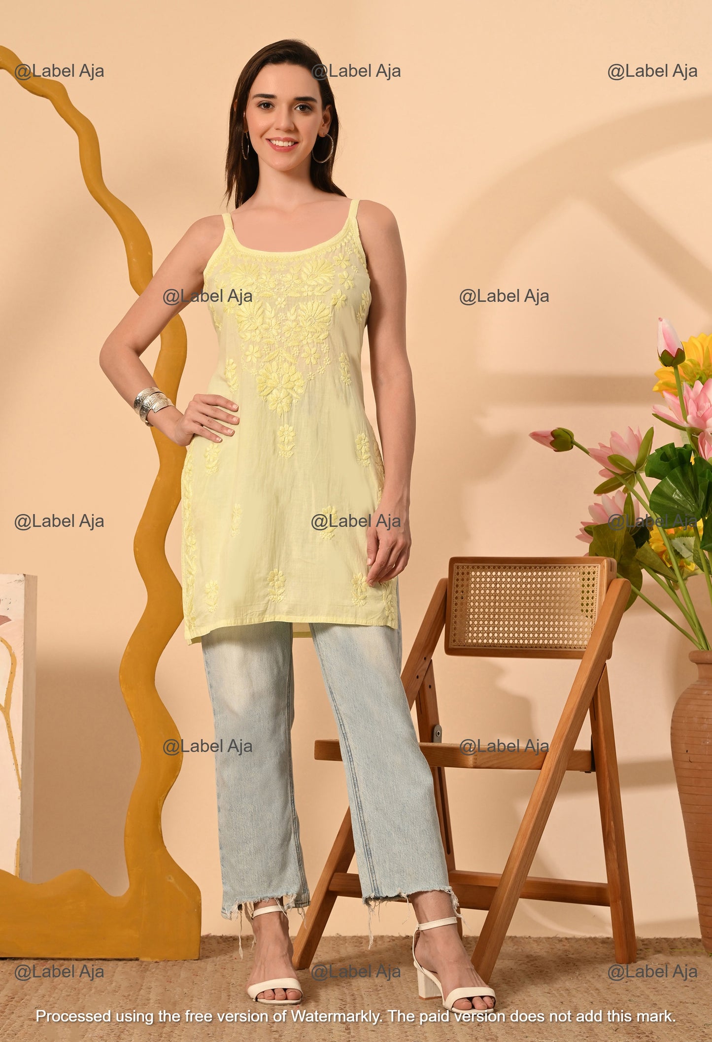 Najma Mul cotton chikankari noodle strap short top