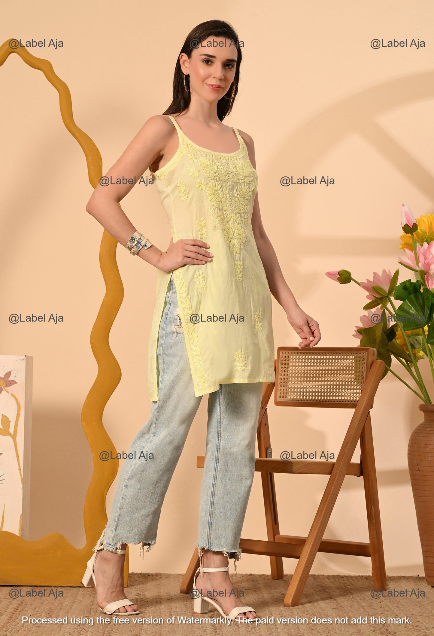 Najma Mul cotton chikankari noodle strap short top