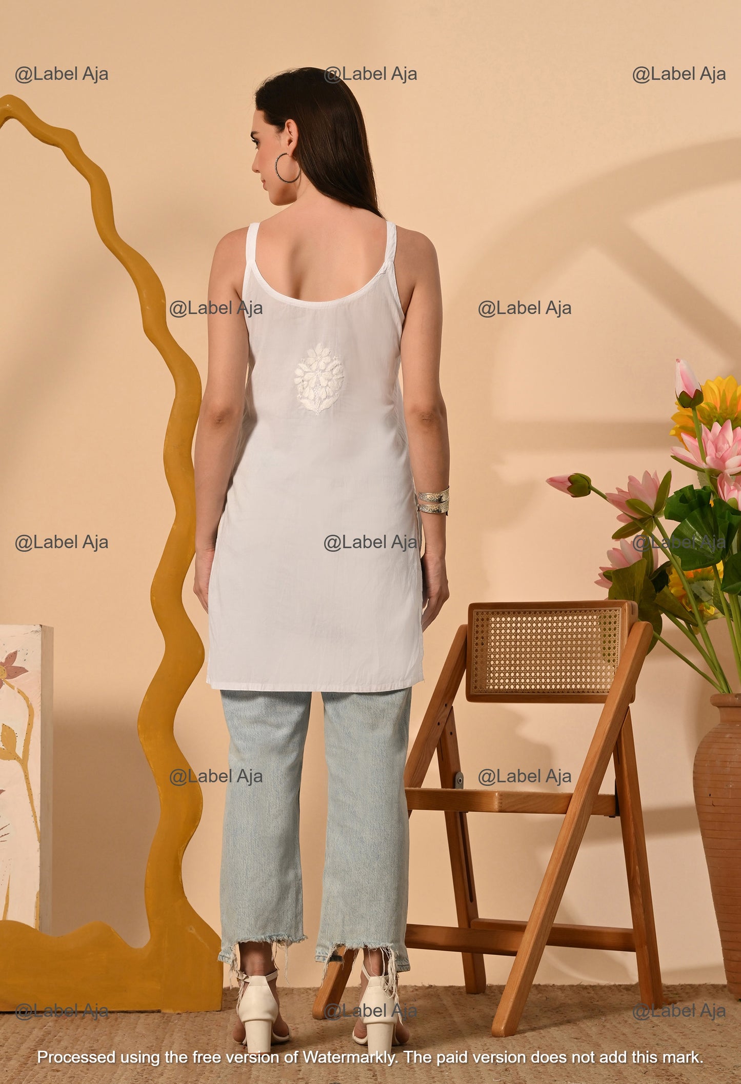 Najma Mul cotton chikankari noodle strap short top