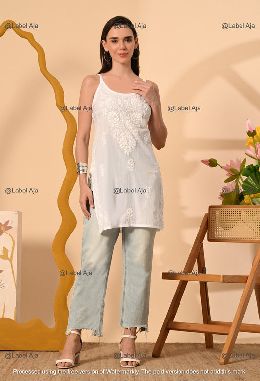 Najma Mul cotton chikankari noodle strap short top