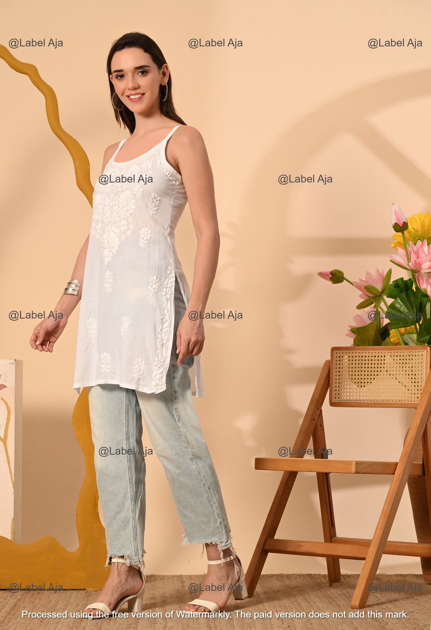 Najma Mul cotton chikankari noodle strap short top