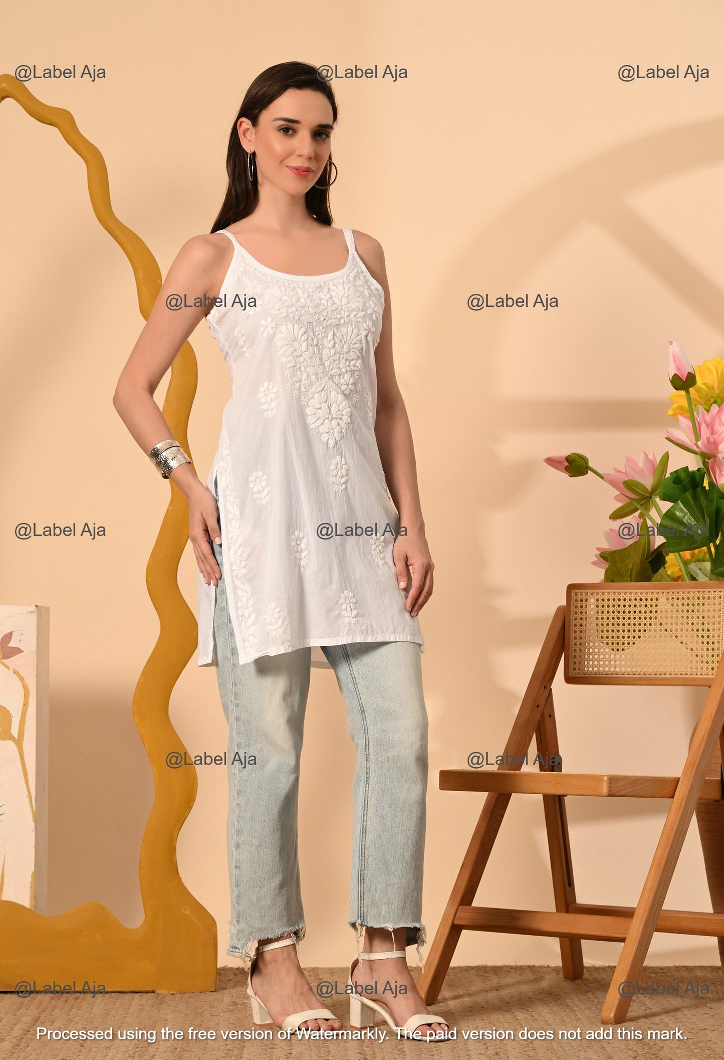 Najma Mul cotton chikankari noodle strap short top
