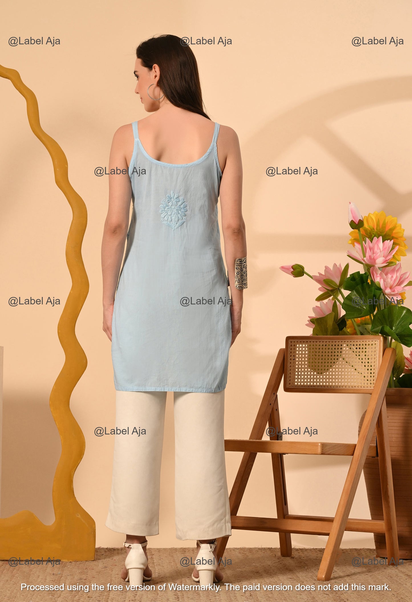 Najma Mul cotton chikankari noodle strap short top