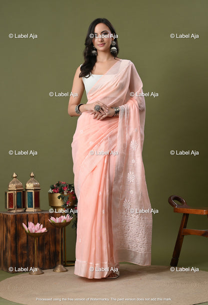 Chanderi Silk Chikankari Saree with Attached Blouse Piece