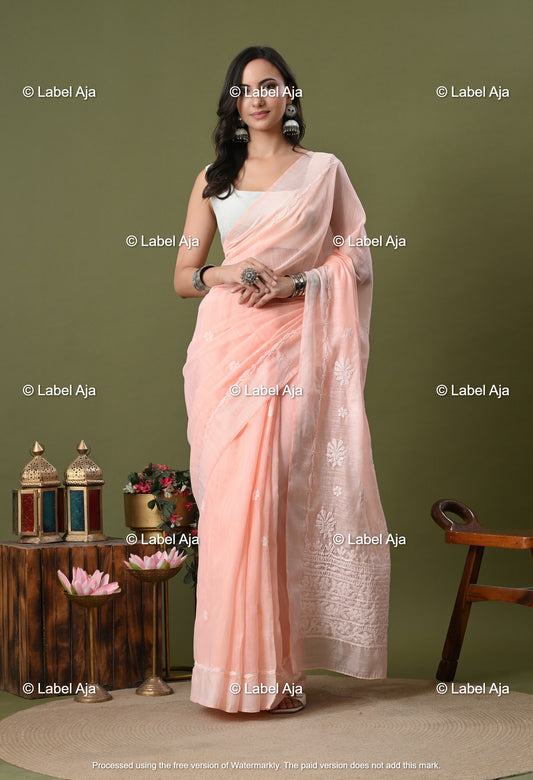 Chanderi Silk Chikankari Saree with Attached Blouse Piece