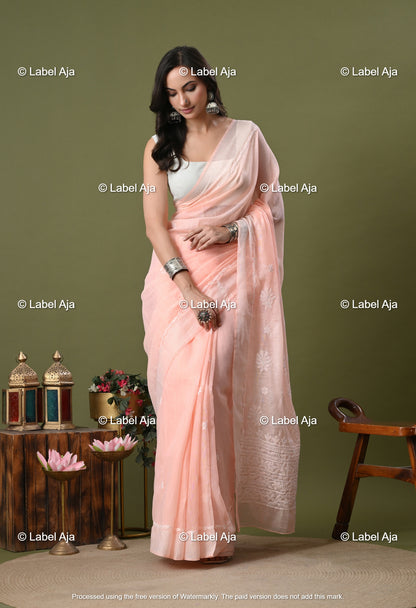 Chanderi Silk Chikankari Saree with Attached Blouse Piece