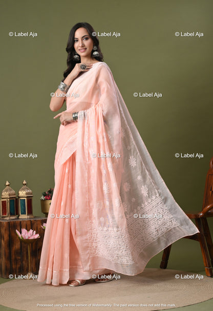 Chanderi Silk Chikankari Saree with Attached Blouse Piece