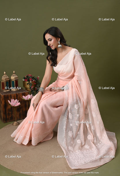 Chanderi Silk Chikankari Saree with Attached Blouse Piece