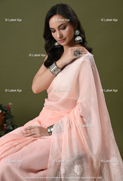 Chanderi Silk Chikankari Saree with Attached Blouse Piece
