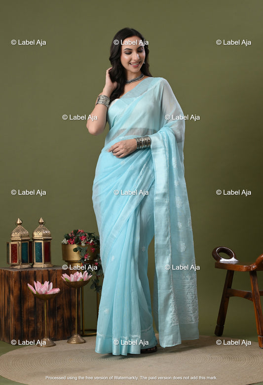 Chanderi Silk Chikankari Saree with Attached Blouse Piece
