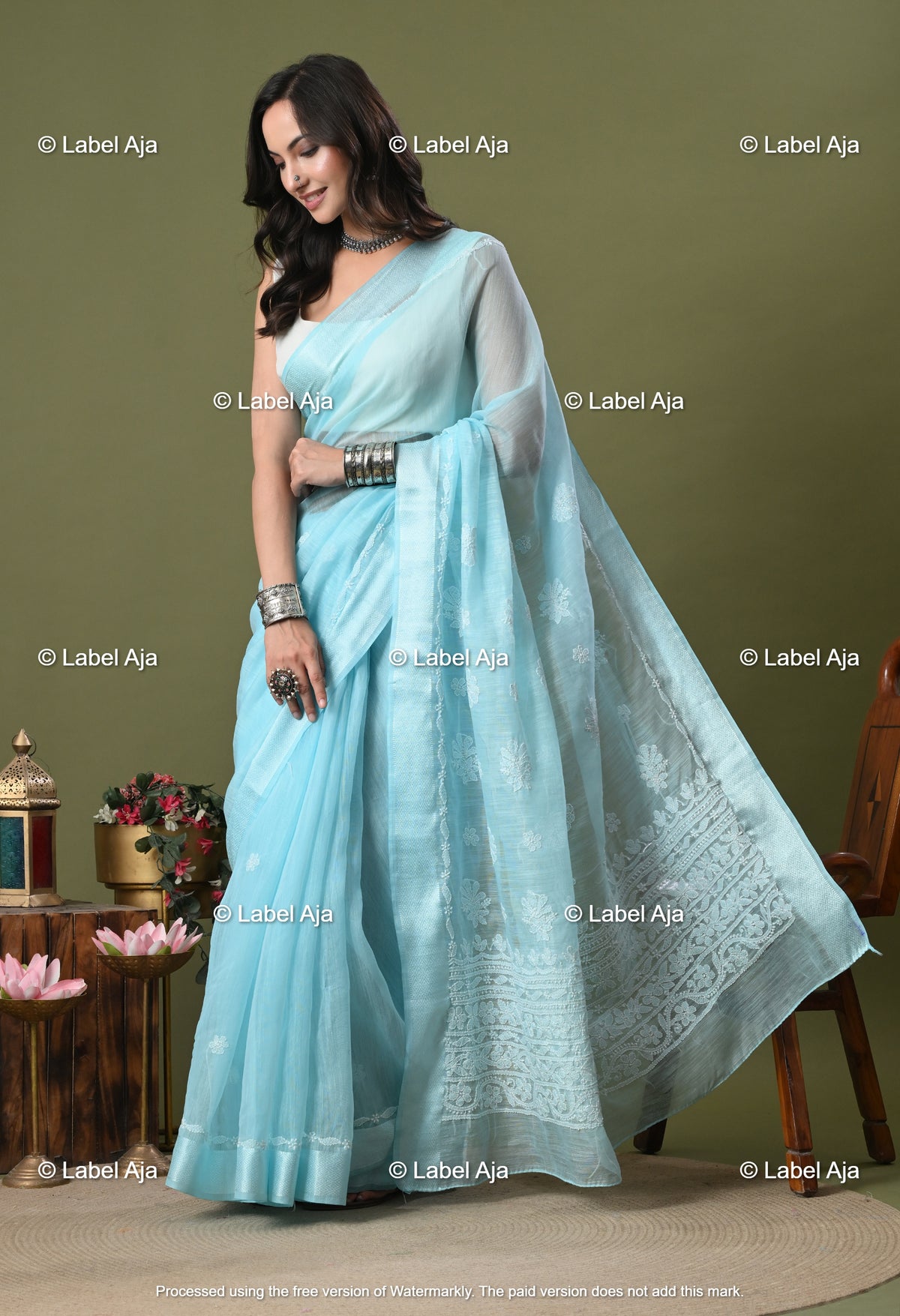 Chanderi Silk Chikankari Saree with Attached Blouse Piece