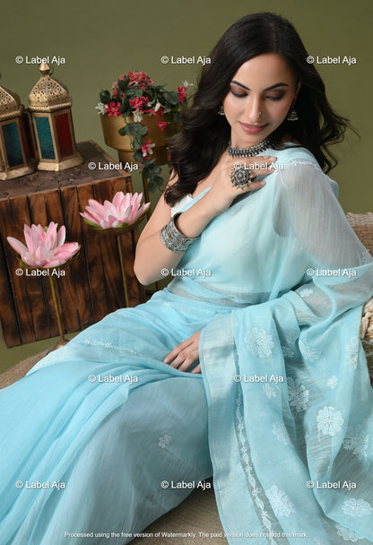Chanderi Silk Chikankari Saree with Attached Blouse Piece