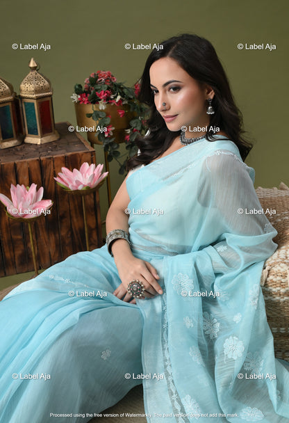 Chanderi Silk Chikankari Saree with Attached Blouse Piece