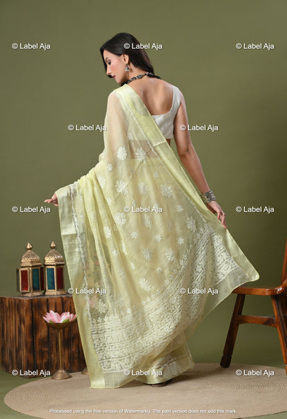 Chanderi Silk Chikankari Saree with Attached Blouse Piece