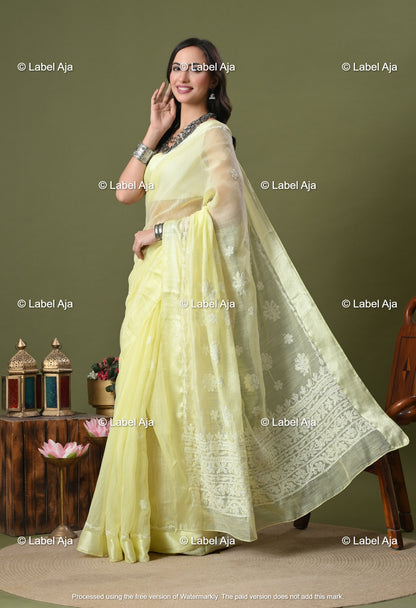 Chanderi Silk Chikankari Saree with Attached Blouse Piece