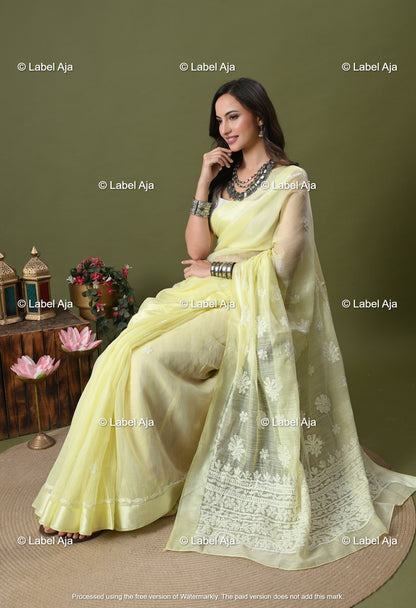 Chanderi Silk Chikankari Saree with Attached Blouse Piece