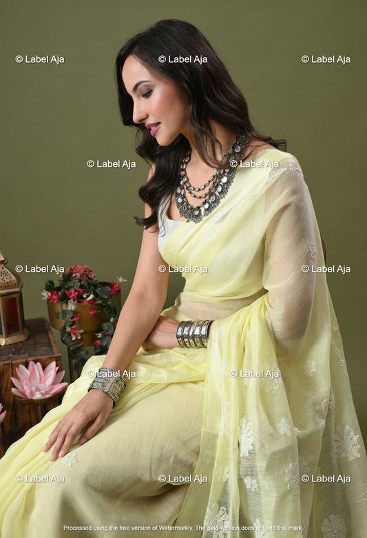 Chanderi Silk Chikankari Saree with Attached Blouse Piece