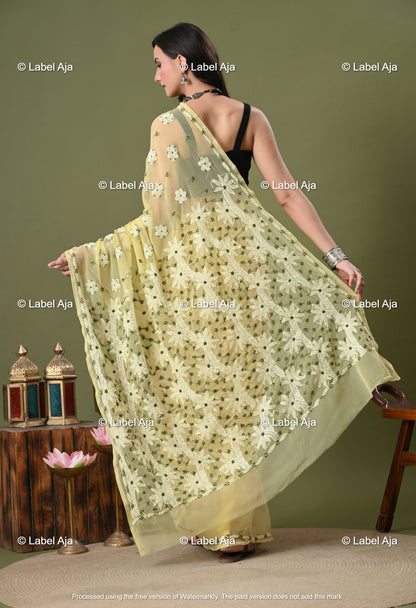 Georgette chikankari Saree with Attached Blouse Piece