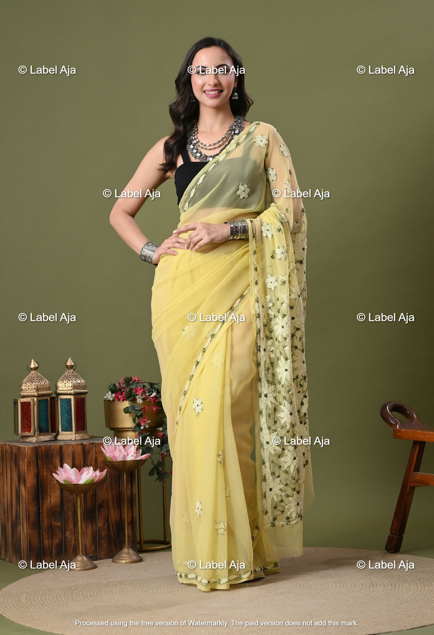 Georgette chikankari Saree with Attached Blouse Piece