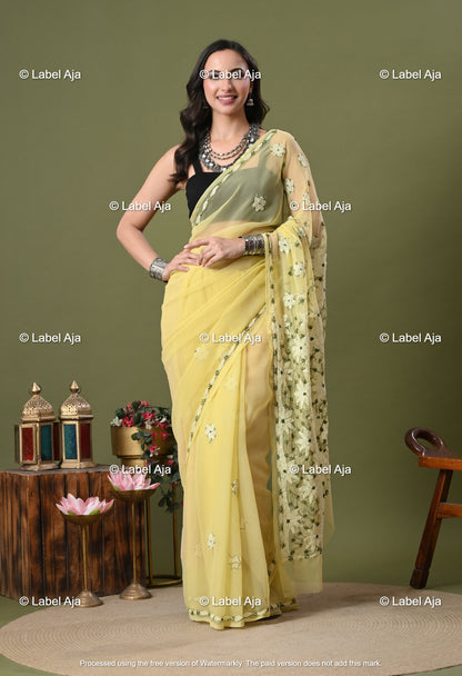 Georgette chikankari Saree with Attached Blouse Piece