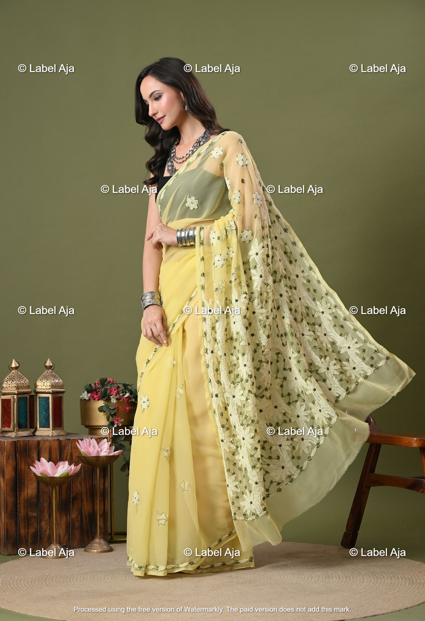 Georgette chikankari Saree with Attached Blouse Piece