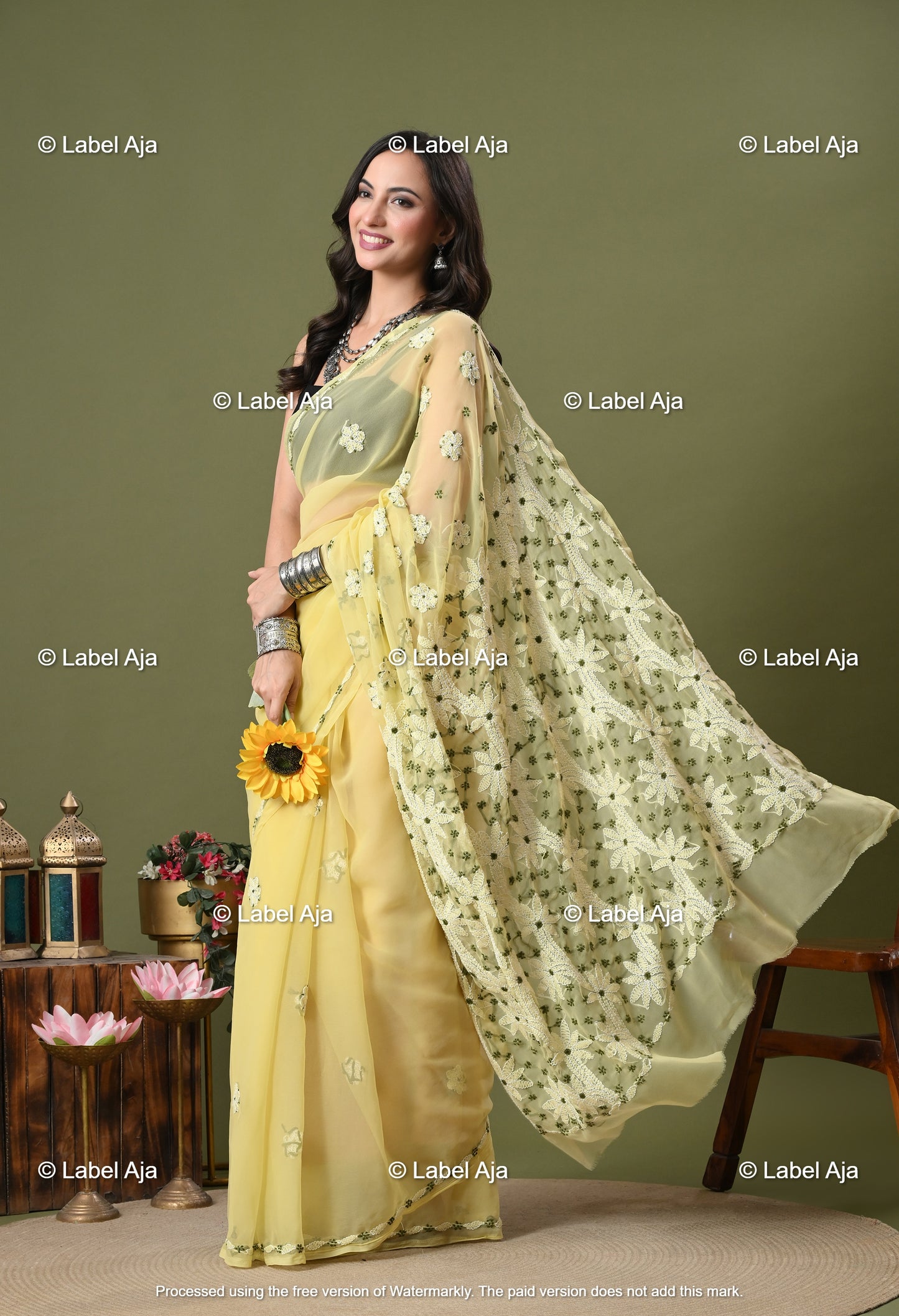 Georgette chikankari Saree with Attached Blouse Piece