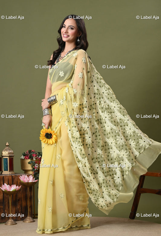 Georgette chikankari Saree with Attached Blouse Piece